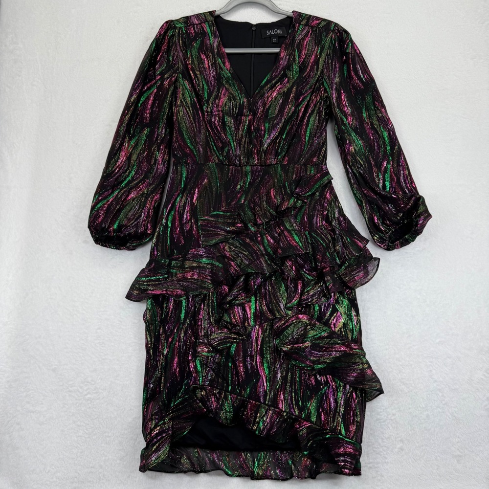 Saloni Dress Metallic Silk Blend Ruffle Tiered Long Sleeve UK 8 US 4 READ